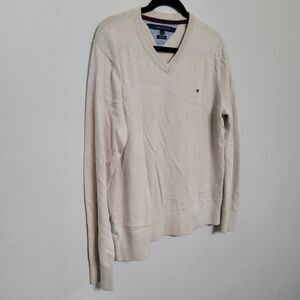 Tommy Hilfiger Men’s Sweater Large Beige V-Neck Cotton Pullover Classic Logo EUC